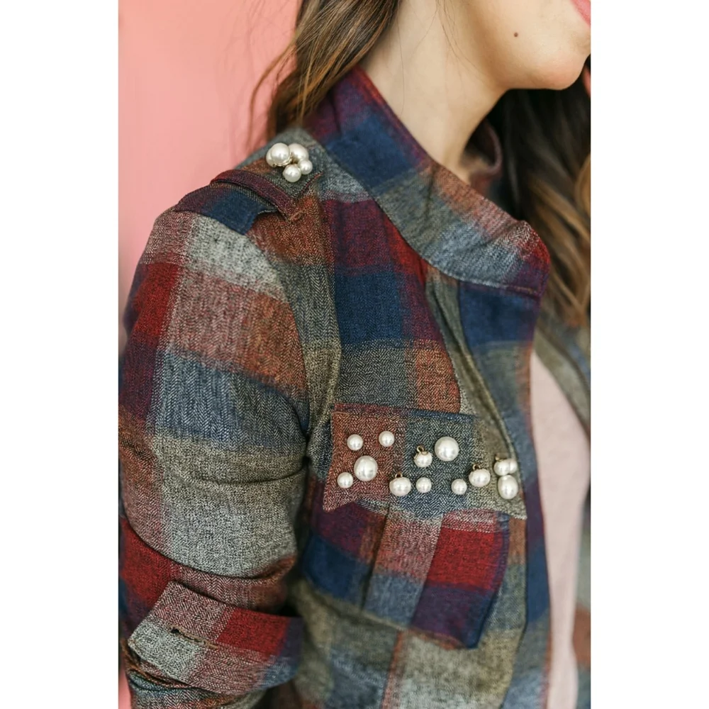 CAbi Barn Jacket Size L Autumn Plaid Pearl Zip Utility Cotton Shacket Multi